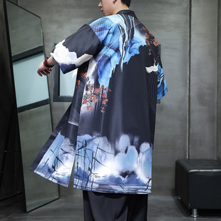 2025 Summer New Chinese Style Men's Retro Trendy Hanfu Cardigan Cape Japanese plus size Mid-length Treng Coat
