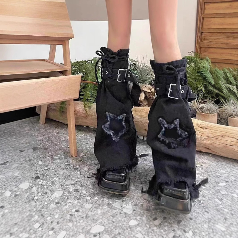 Y2K Spicy Girl Retro Denim Subculture Design Washed Five-Pointed Star Stacked Strap Bell-Bottom Drawstring Leg Warmers Trendy
