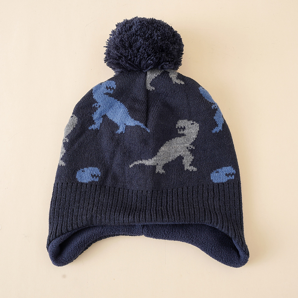 Protección para los oídos de otoño e invierno para niños de punto de dinosaurio a rayas con forro polar sombrero cálido niño lindo sombrero de punto de dibujos animados