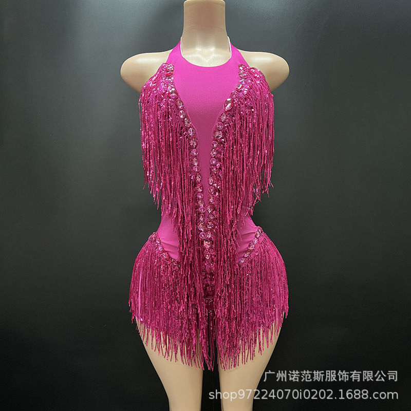 NOCANCE 2023 nuevo champán sexy brillante diamante borla cuello redondo corto elegante de lujo mono