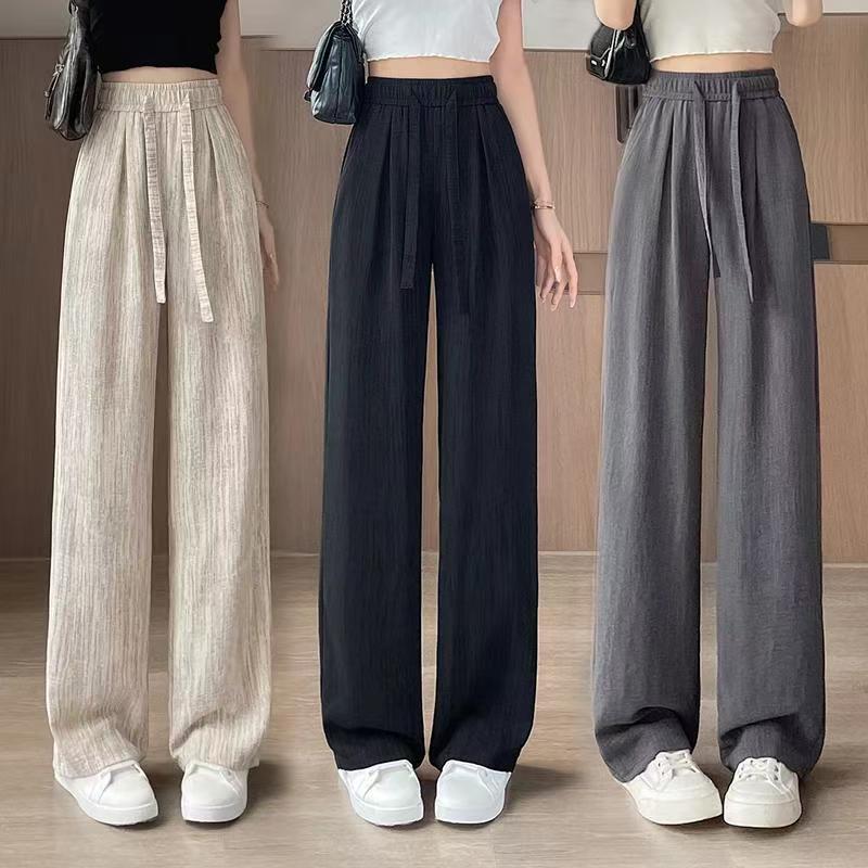 Ice Silk Wide Leg Pants Women's Summer 2025 New High Waist Drawstring Texture Lazy American Casual Lop Pants