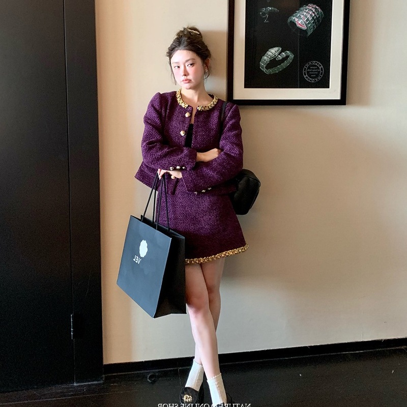 2025年秋富家千金紫色小香风套装裙女短外套气质名媛两件套短款潮|undefined