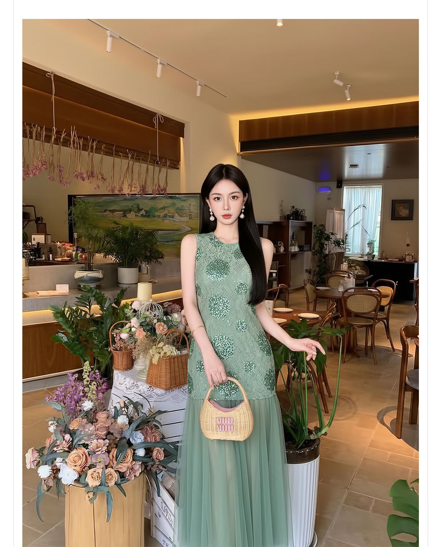 Đầm maxi nữ thắt eo họa tiết hoa nhí tay không cổ tròn — Xanh lá cây nhạtcolor chi tiết 3
