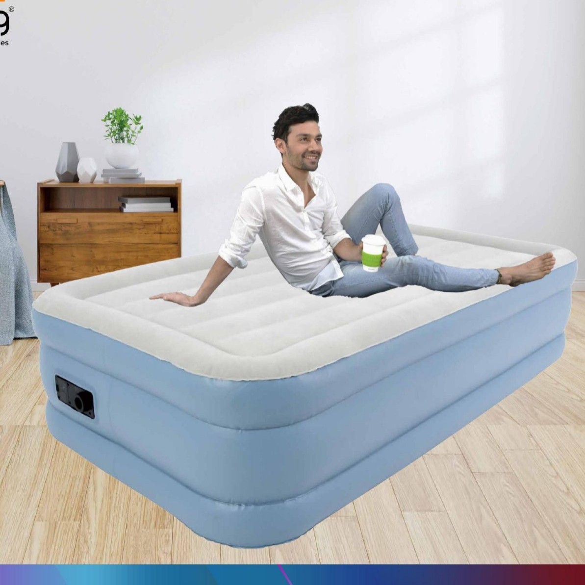Jilong Inflatable Mattress for Home Use, Widened Mesh Fabric, Direct Pull Double Air Mattress with Built-In Pump