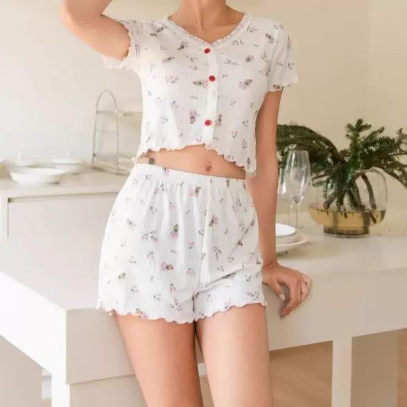 甜美花卉女士睡衣夏季新款性感蕾丝花边家居服吊带背心欧美风套装