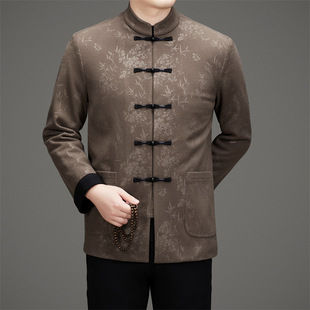 Wool Tang Suit Jacket Chinese Men's Middle-aged and Elderly Dad fleece-lined Men's Embroidered Chinese Style Chinese Tunic Suit Grandpa Jacket