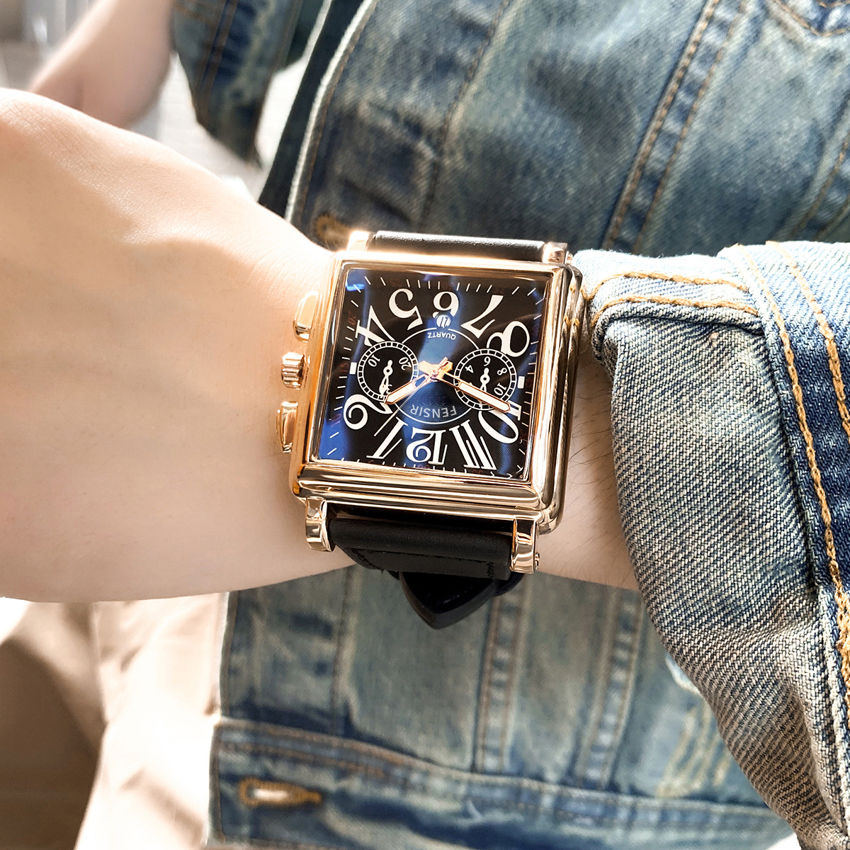 芬仕欧美方形大表盘皮革日历手表男防水休闲学生礼物工厂批发真皮