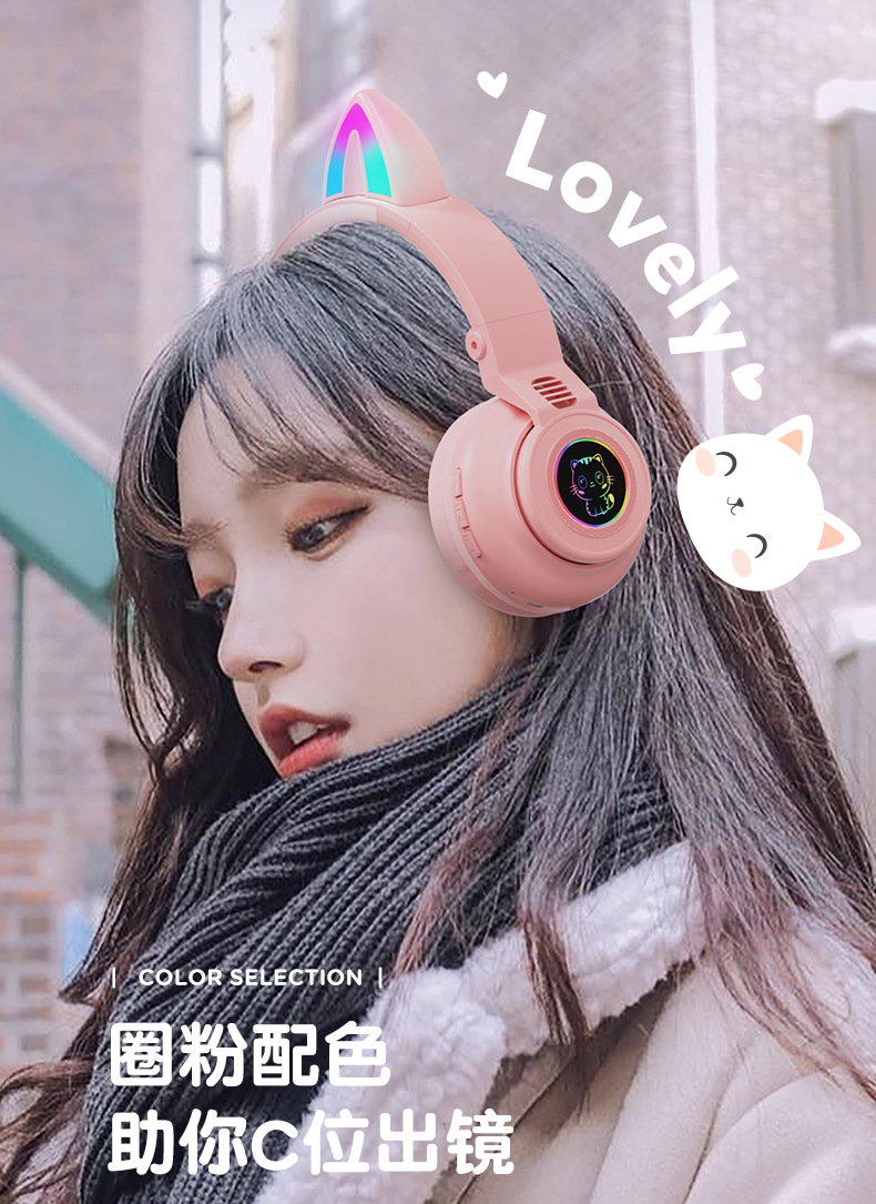 Glänzende süße Katzenohr-Gaming-Kopfhörer Bluetooth-Kopfhörer mit langer Akkulaufzeit hochwertiger grenzüberschreitender Kopfhörer