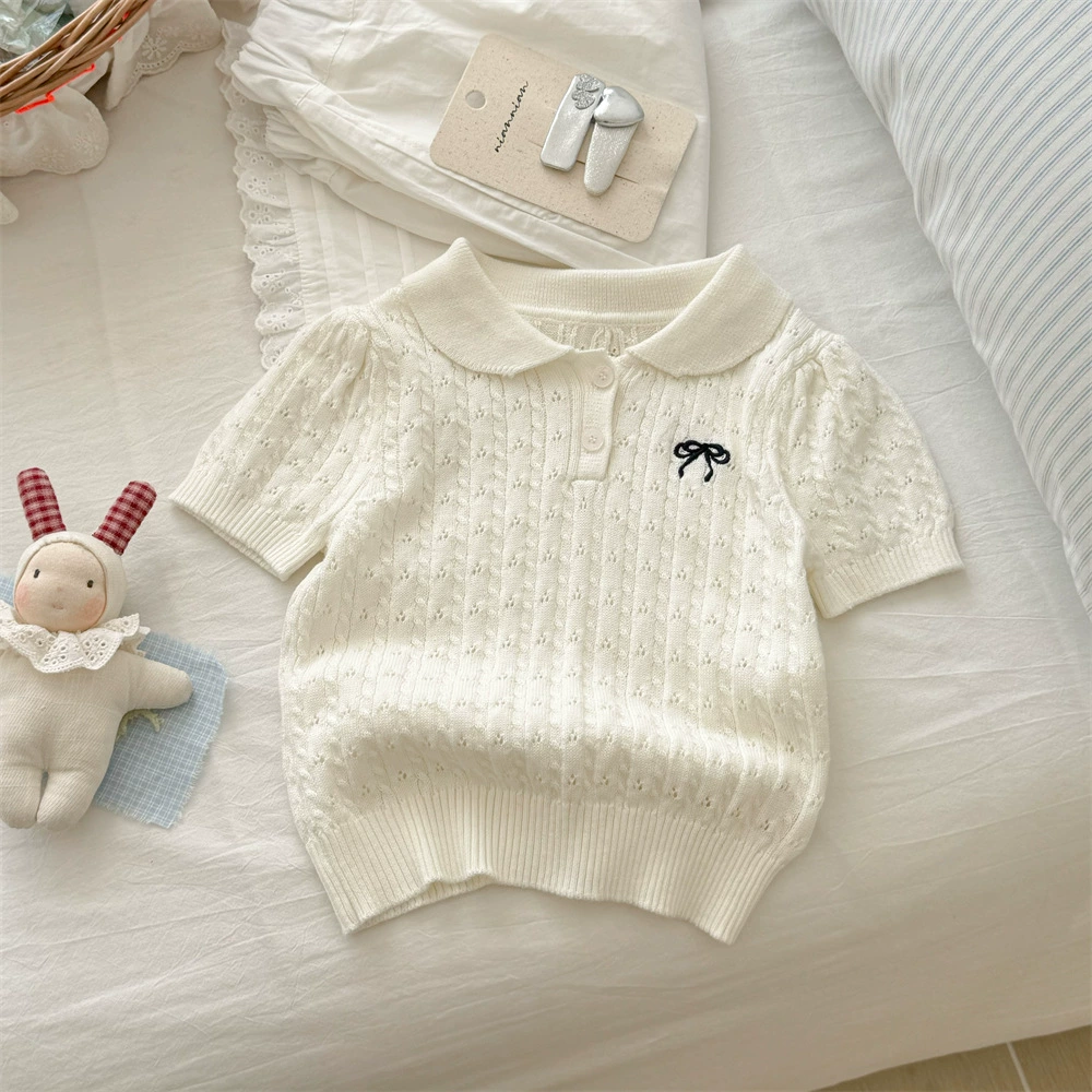 Летняя одежда с бантом, knitted свитер, корейский стиль, детская одежда, с коротким рукавом, западный стиль