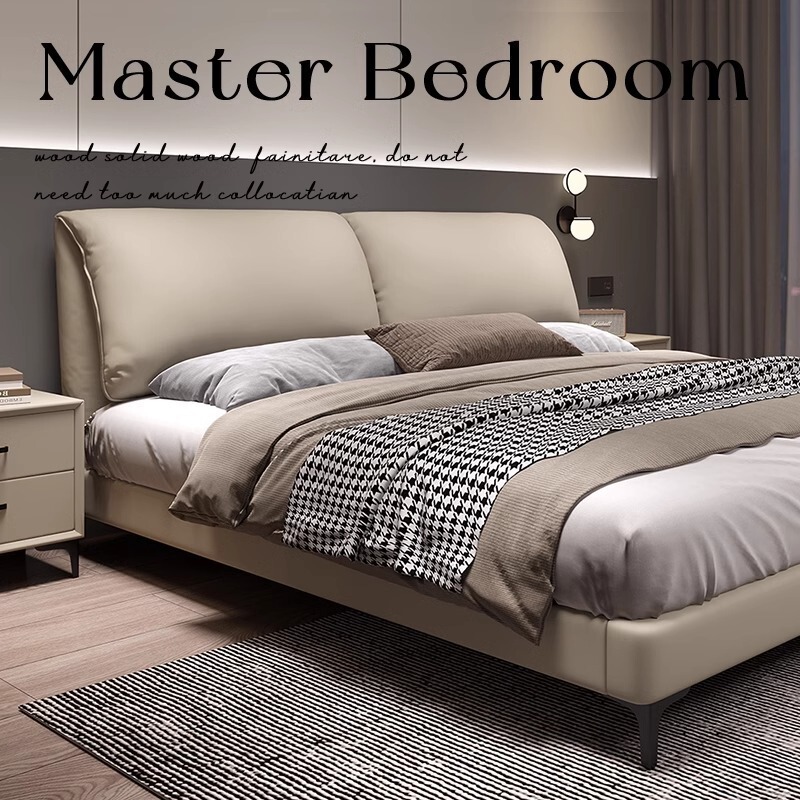 Top-Layer Genuine Leather Bed for Master Bedroom, Modern Minimalist Bed, 1.8m Double-Sized Small Apartment Soft-Packed Bed, Mid-Century Style Solid Wood Bed, 2m