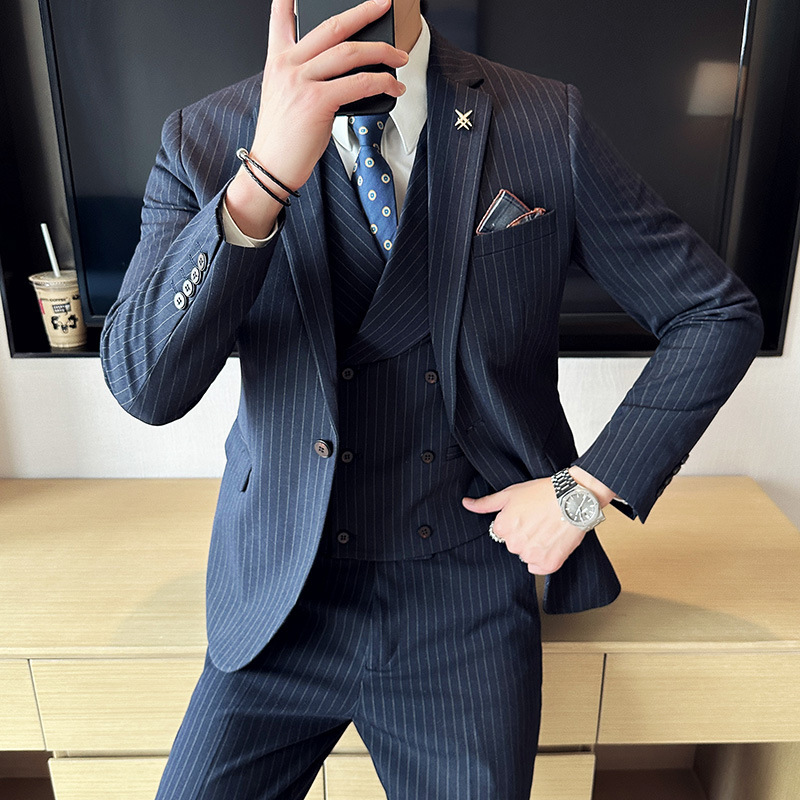 Wholesale Korean men's suit business casual striped groom wedding dress slim button men's suit suit