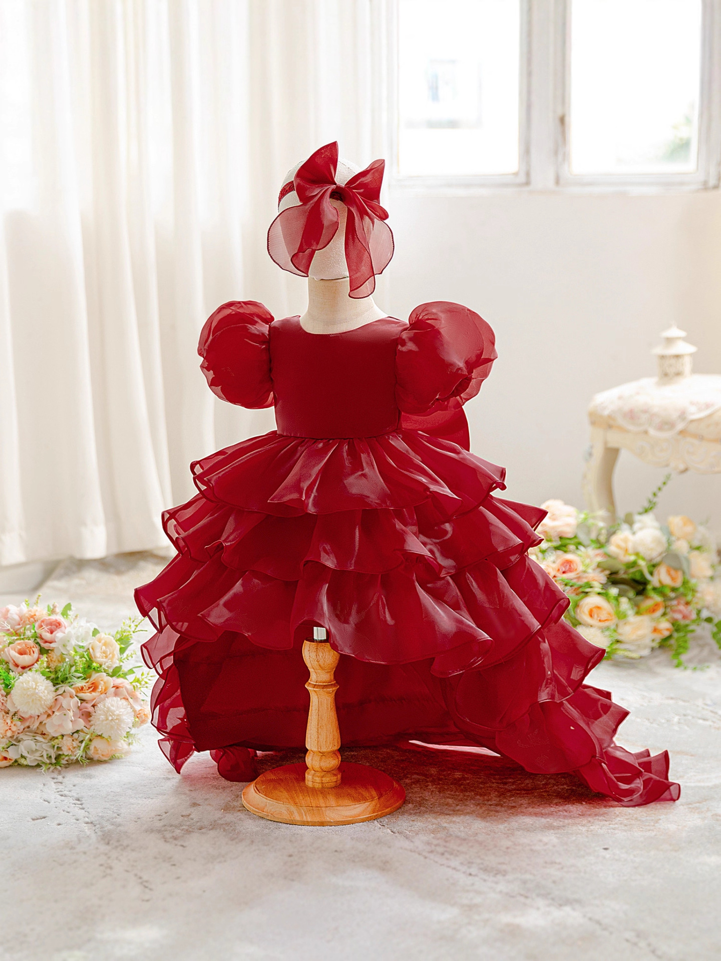 Niños europeos y estadounidenses burbujas mangas oganes falda de cola princesa pompa falda de pastel vestido de boda floral falda correa de pelo gratis