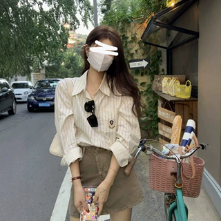 Peaceonesou 韩国ins博主长袖条纹衬衫女春秋学院风叠穿衬衣