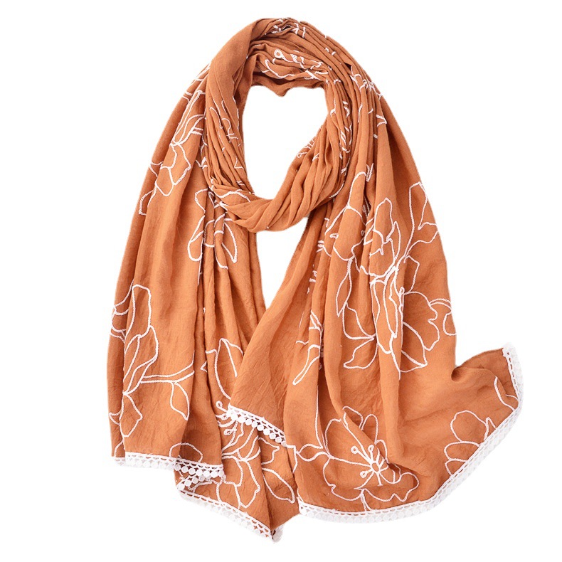 Comercio exterior nuevo color puro beige bordado algodón y lino bufanda nube tibetana viaje protección solar chal bufanda de encaje Malayo