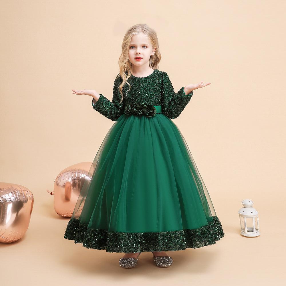 Amazon medio y grandes niñas fiesta pasarela vestido Banquete de los niños de Navidad malla de lentejuelas vestido de princesa de manga larga