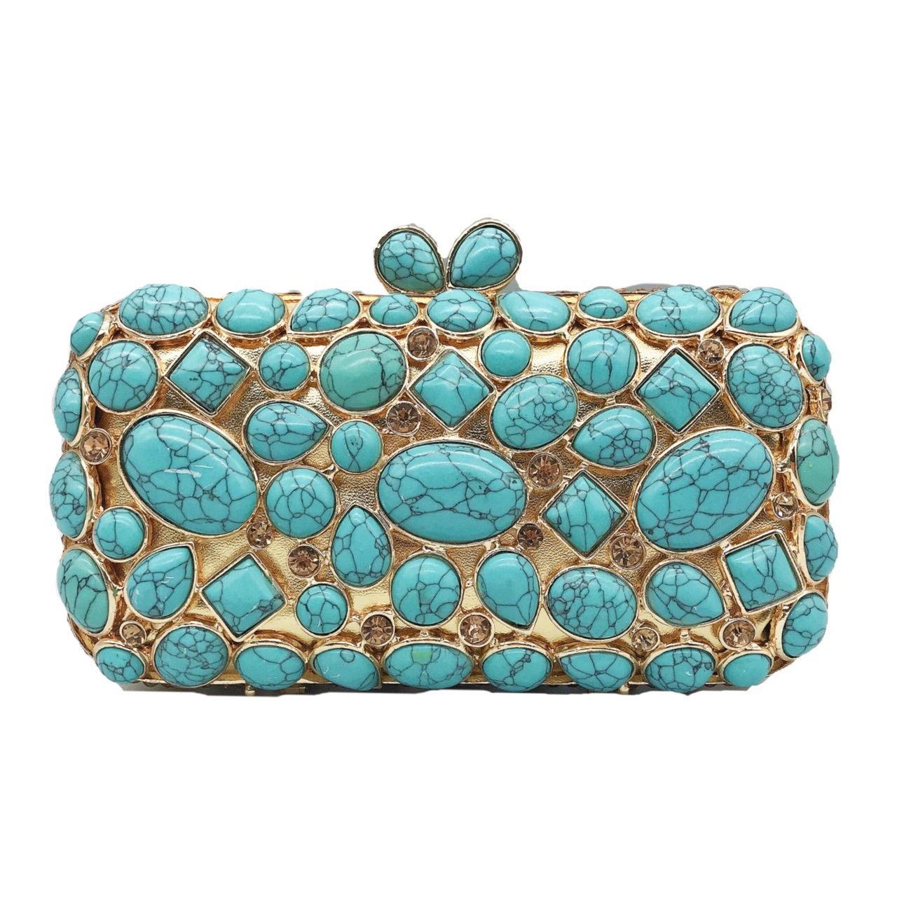 Túi clutch dạ tiệc đính đá rhinestone mã não màu ngọc lam — Màu vàng
