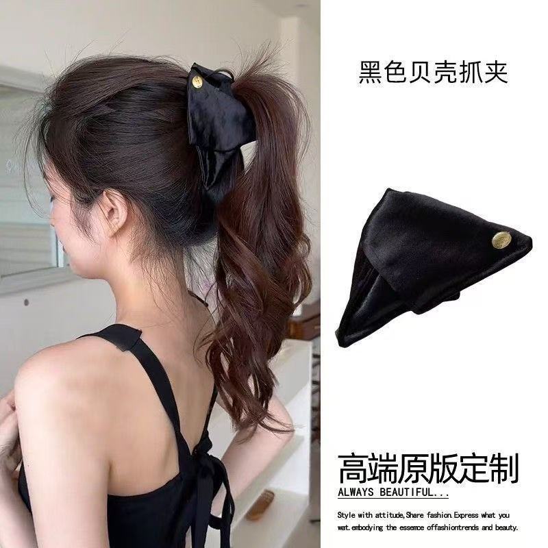 新作レトロ韓国風布製リボン三角ヘアクリップ、女性用大型ヘアクリップ、後頭部の髪量が多い方用シャーククリップ|undefined