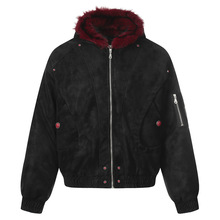 美式高街重磅毛绒连帽棉服外套男冬季新款情侣休闲宽松红毛棉衣潮