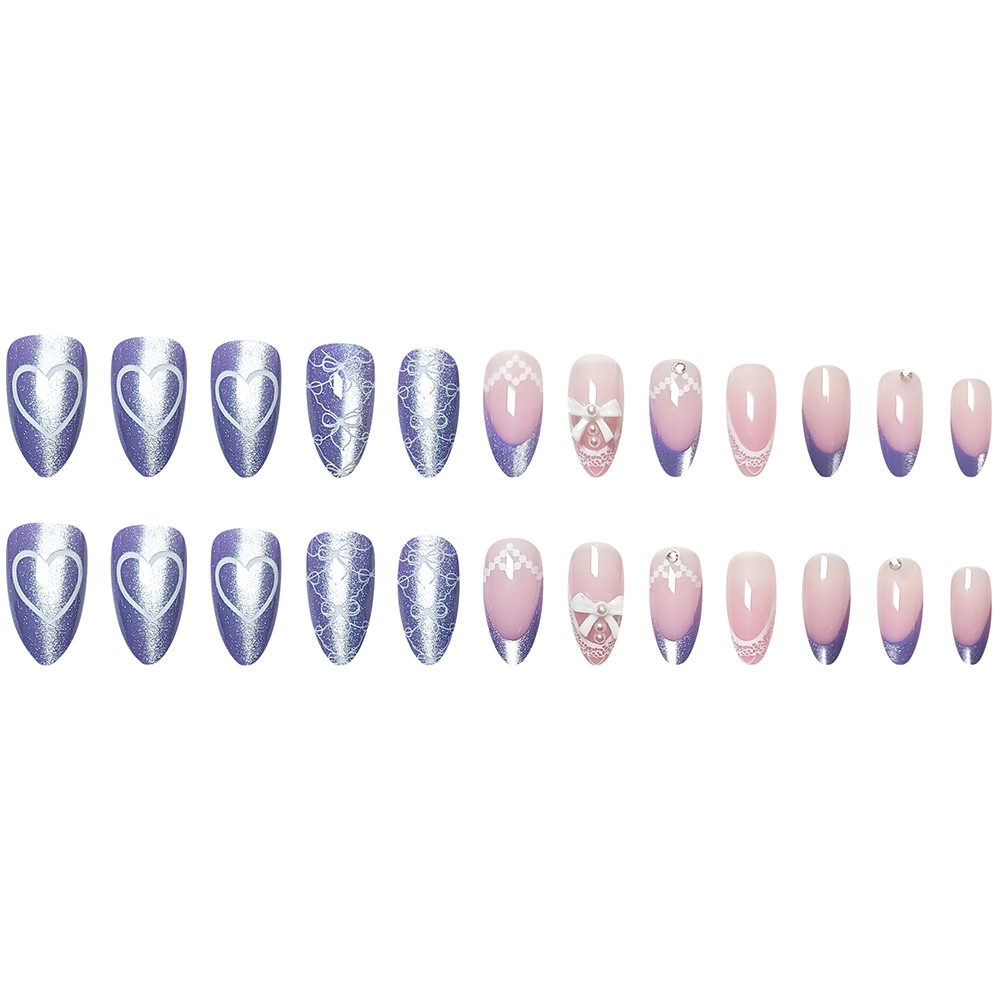Púrpura polvo gradiente de encaje amor usar uñas, arco tridimensional, ojo de gato, 24 piezas de uñas falsas de comercio exterior, lote mixto image 6