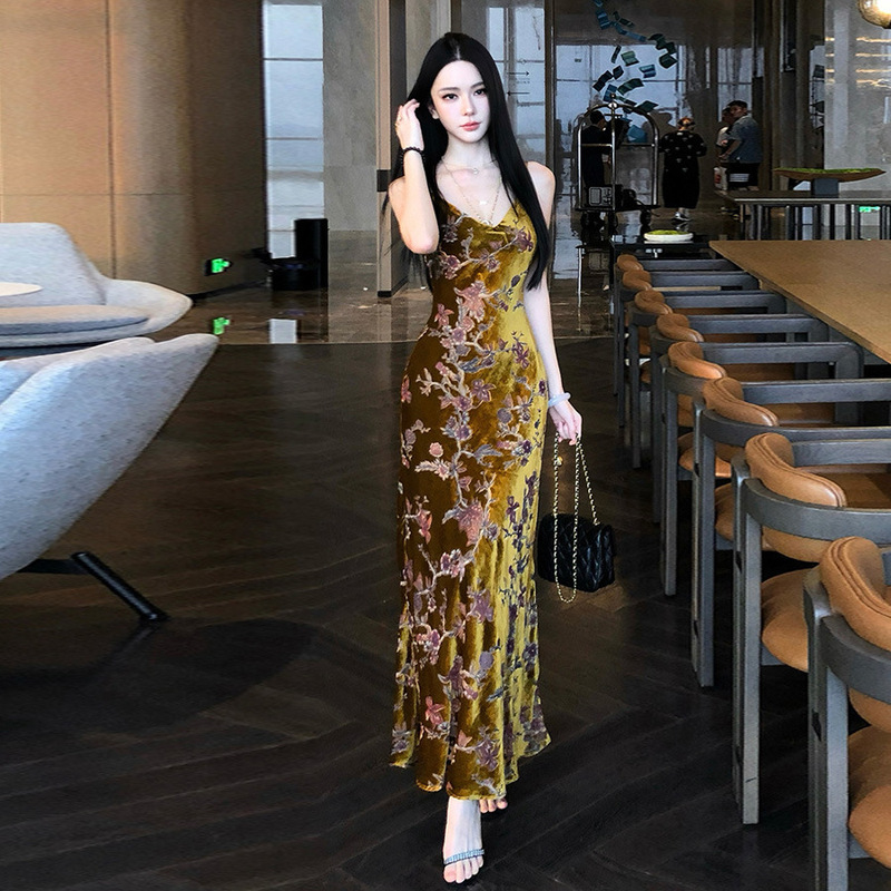 9312 European and American Cross-Border Export Women's Clothing New Chinoiserie Velvet Orchid Adjustable Suspender Waist Slimming Look Dress