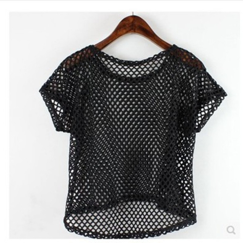 Summer Mesh Short-Sleeved T-Shirt Black Top Pullover Loose Lace Short Cut Out Women's Large Size Suspender Blouse