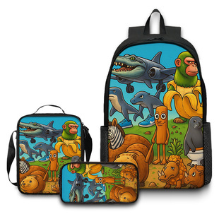 Cross-Border Wooden Stick People Shanhaijing Children's Printed Backpack Primary and Secondary School Students Large-Capacity Casual School Bag Three-Piece Set