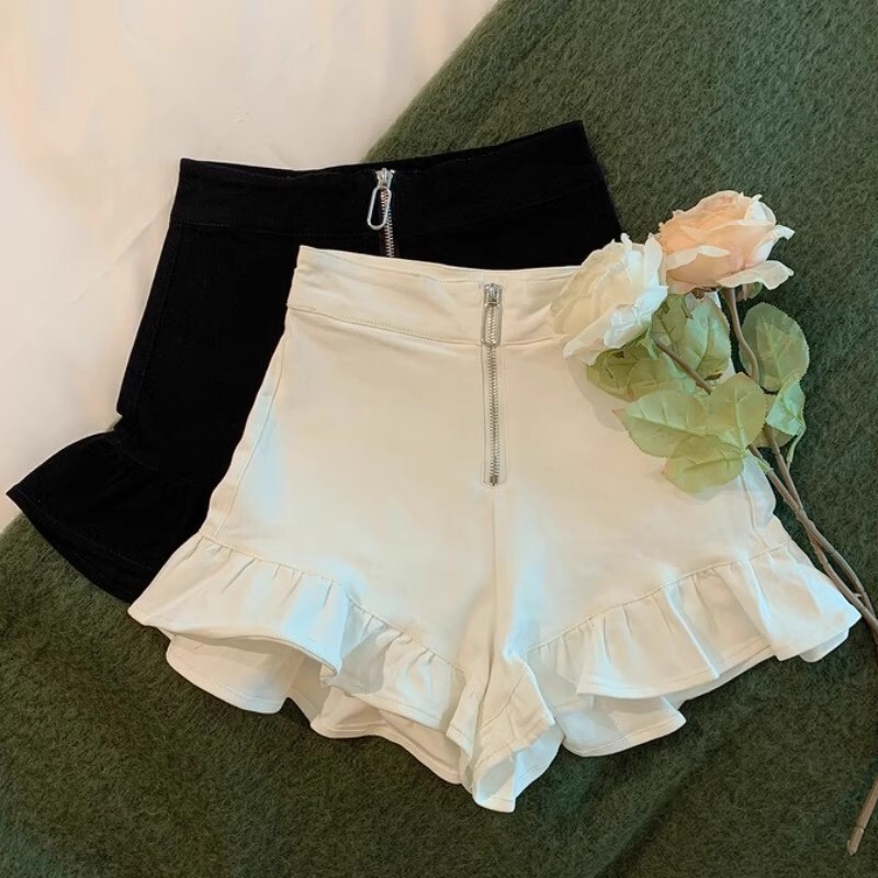 Front Zipper High-Waisted Casual Shorts for Women, Summer Thin Ruffled Loose Slimming Wide-Leg Shorts, Sexy Hot Pants