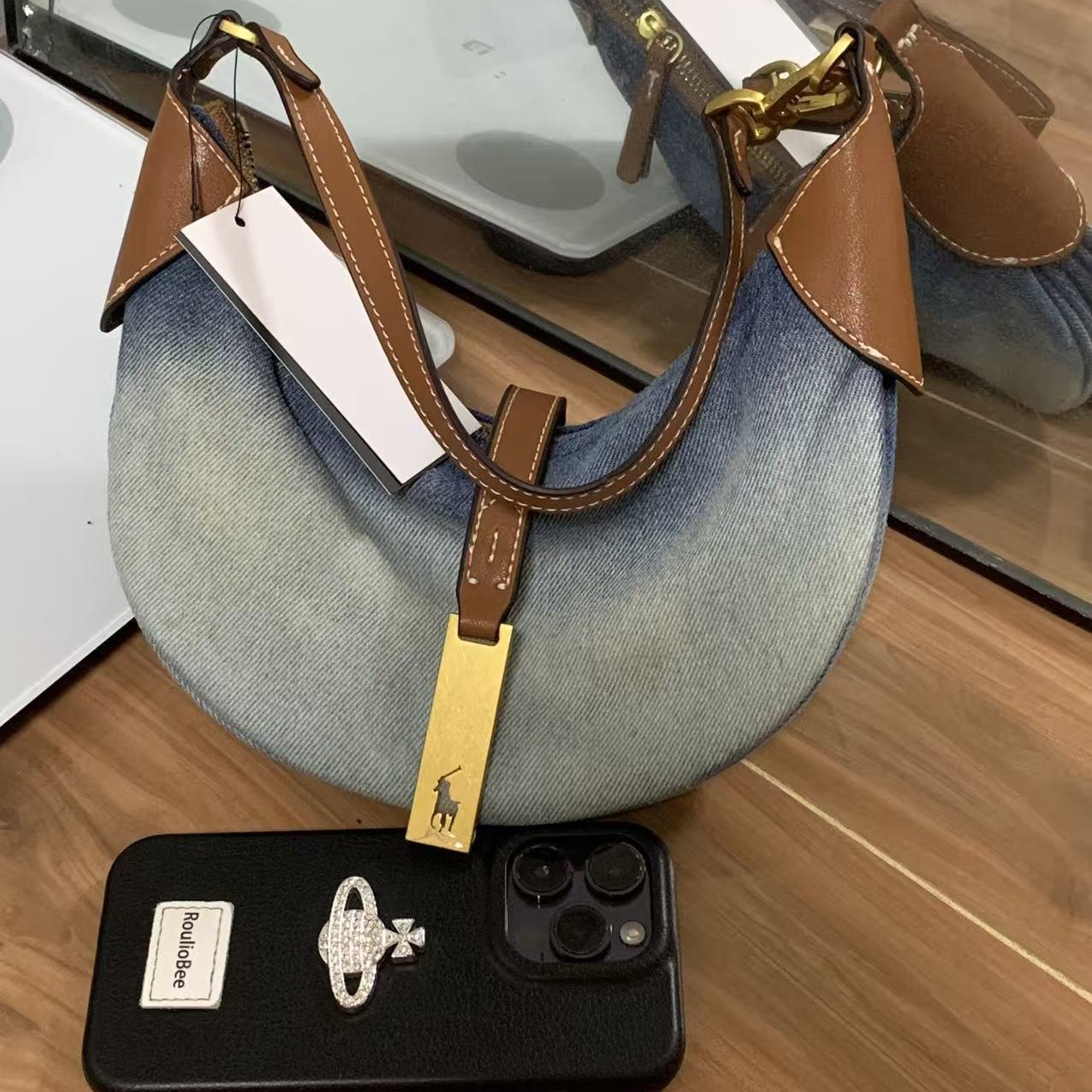 Polo cross-border versatile fashion denim crescent crossbody shoulder bag, same style as Krystal Jung's, saddle bag