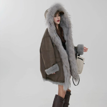 2025年冬季新款 貉子毛领兔毛两面穿皮草派克服 中长款女外套大衣