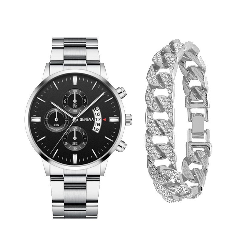 Factory Direct Sales Men's Watch Steel Band Calendar Sports Quartz Watch Men's Watch Wholesale Bracelet Set