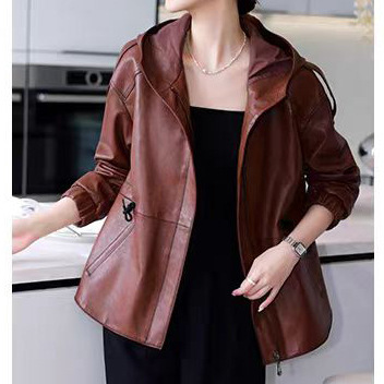 Haining Genuine Leather Women's Short Coat Loose Slimming Casual All-match Leather Jacket Hooded 2024 Spring and Autumn New