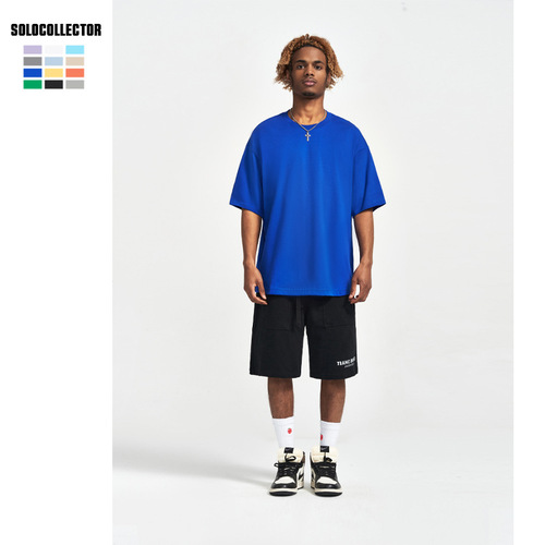 Trendy brand men's 240G double yarn pure cotton short-sleeved men's solid color FOG loose men's heavy off-shoulder T-shirt 2024 new style