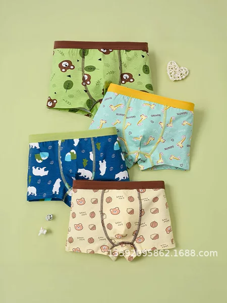 Cross-Border Children's Underwear for Boys, Pure Cotton Boxer Briefs with Cartoon Designs, Four-Corner Cotton Underwear for Boys, Amazon's Best-Selling Boys' Cotton Underwear