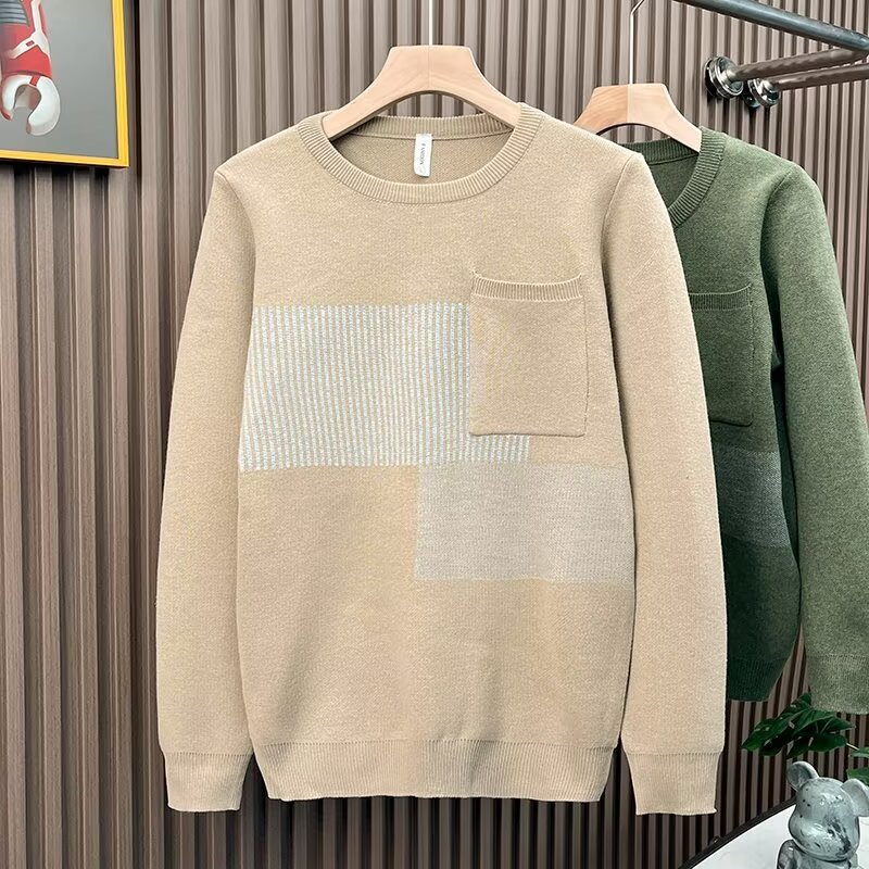 Herren Strickpullover Mit Blockstreifen Und Rundhalsausschnitt_voghion.com