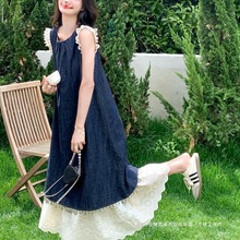 跨境蓝色牛仔连衣裙女2025夏季新款韩系复古慵懒风蕾丝花边拼接背