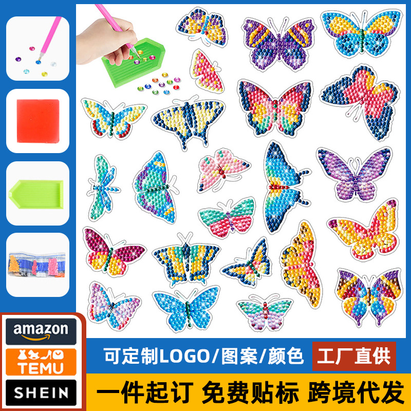 Popular gato y perro mariposa pintura de diamantes pegatinas gratis pintura DIY pegatinas de pared pegatinas hechas a mano de los niños dibujos animados decorativos diamante redondo