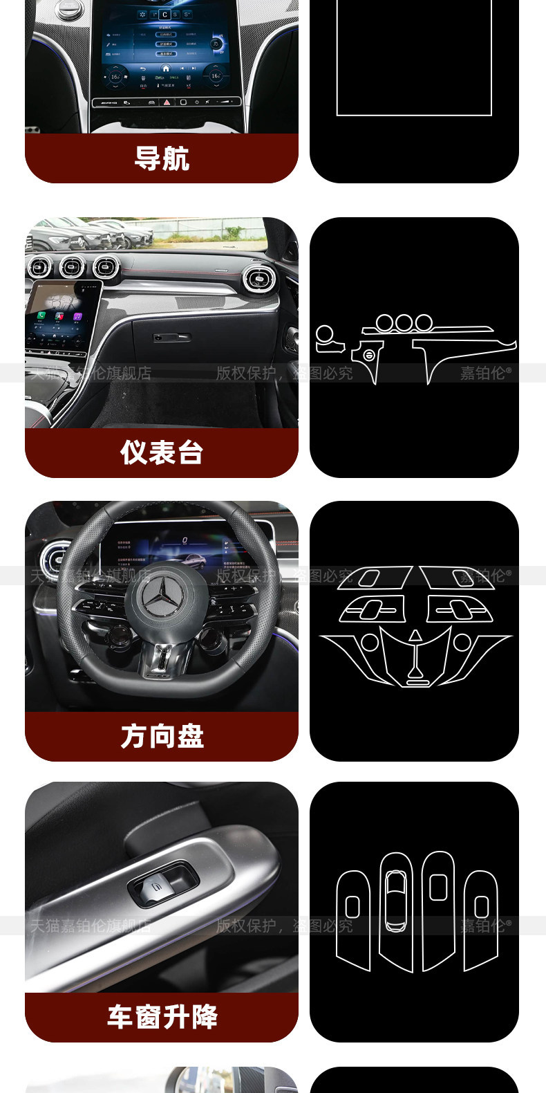 Suitable for 26 models of Mercedes-Benz AMG C43, center console gear shift protective film, interior protective film, navigation screen tempered film, modification