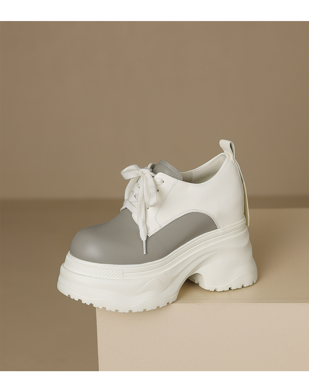 Giày sneaker nữ chunky đế dày phối màu mùa thu 2025, da bò thật, tăng chiều cao 12cm, buộc dây — Màu đen, Màu xám trắng, Màu trắng chi tiết 17