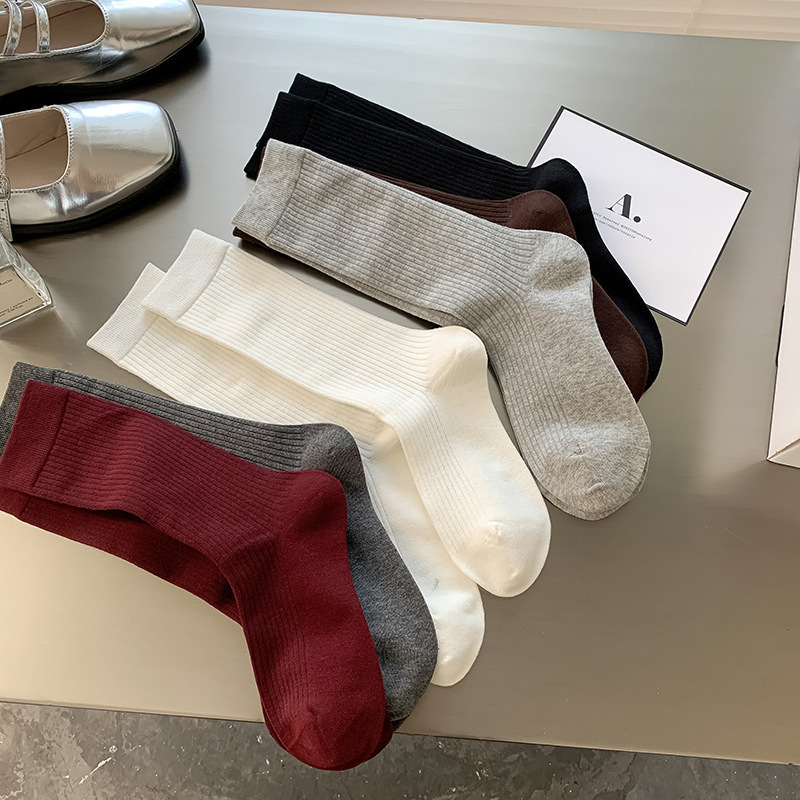 Ankora Red Socks Women's Mid-length Socks wine red Autumn Solid Color Pile Socks Korean Style Miu Style Spring and Autumn Stockings