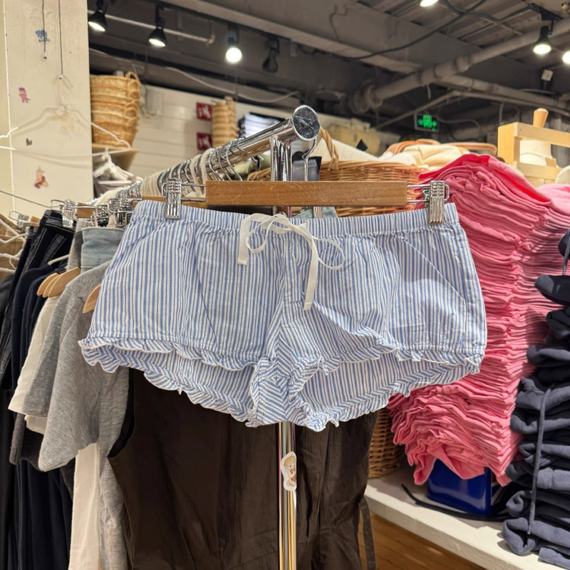 BM style American casual retro blue striped drawstring ruffle hem sweet and spicy home lace-up shorts