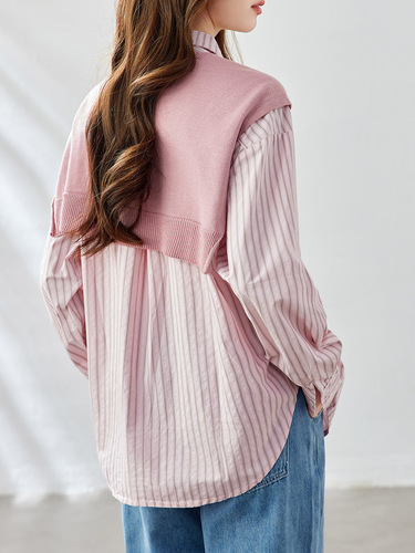 Cotton Boll Knitted Striped Sweater for Women Long Sleeve 2025 Autumn New Fashion Upgraded Pink Collar Blouse