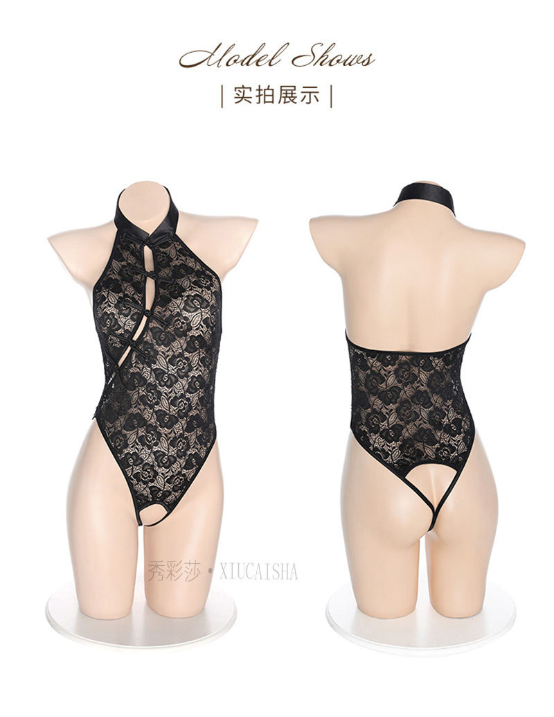 Lace Open-Neck Jumpsuit Lingerie with Matching Stockings, One Size — detail image 15