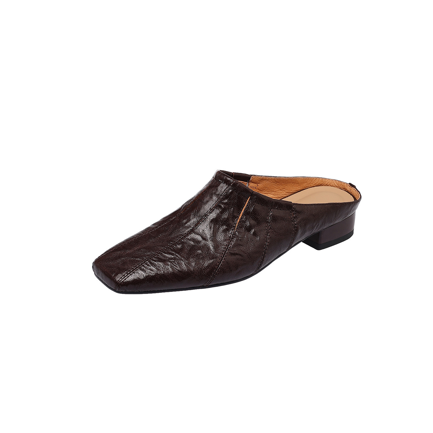 Sandal hở mũi nữ gót thấp 2,5 cm da cừu mũi trùm — màu nâu