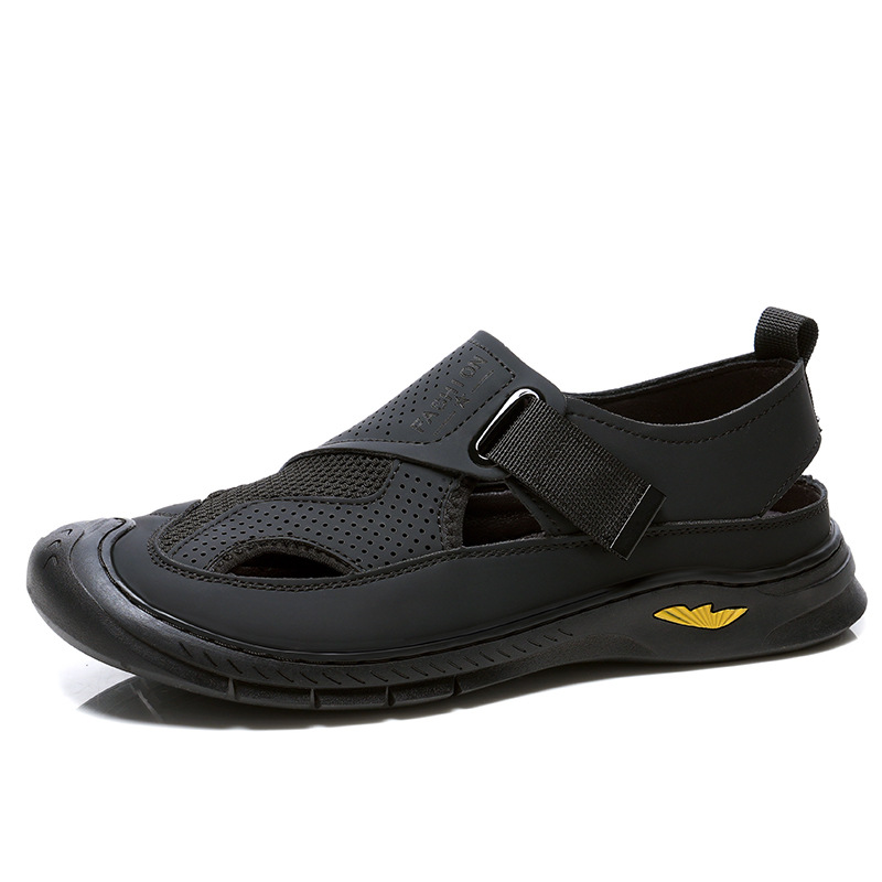 Men's Summer Sandals Genuine Leather Breathable Closed-Toe Mesh Outdoor Casual Clogs Trendy Roman Non-Slip Beach Shoes_voghion.com