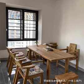 老榆木茶桌复古怀旧原木茶桌老门板桌侘寂风实木餐桌办公室喝茶桌
