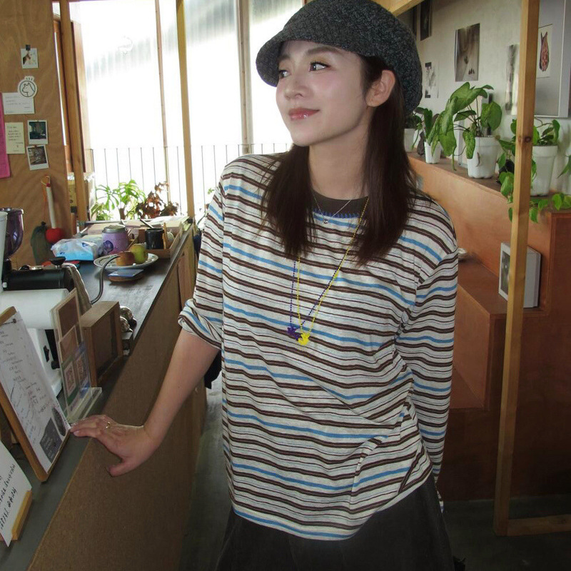 0L0604, Designer Women's Spring and Summer Hand-Embroidered Colorful Striped Long-Sleeved T-Shirt 0L0604, Designer Women's Spring and Summer Hand-Embroidered Colorful Striped Long-Sleeved T-Shirt