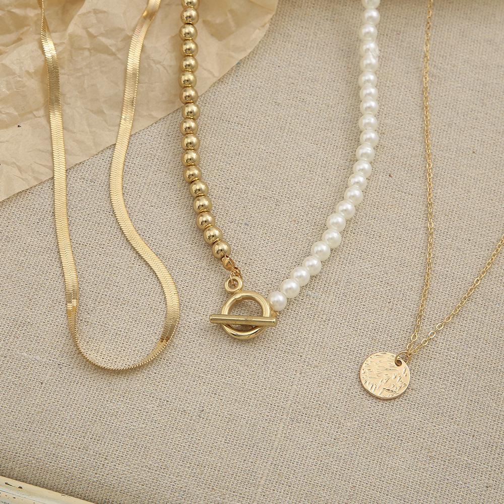 Set collana multistrato con perle e monete per donna 3 pezzi_voghion.com