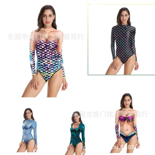 European and American cross-border new products, beach sand, fish scale, mermaid 3D personalized digital printing one-piece long-sleeved swimsuit