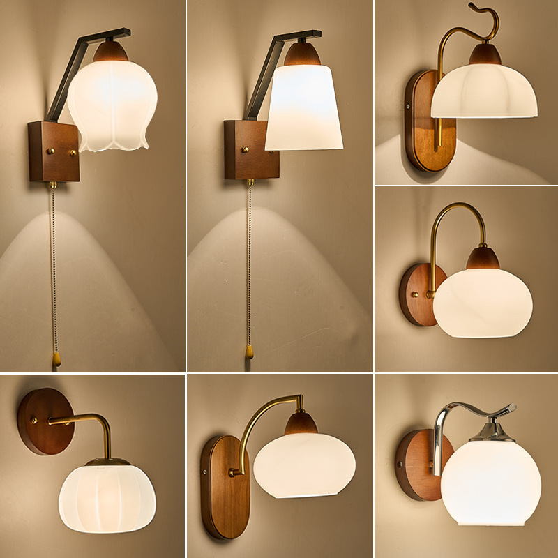 lámpara de pared madera nórdica simple madera sólida dormitorio lámpara de cabezal de cama interruptor de cable de tracción pasillo sala de estar lámpara de escalera