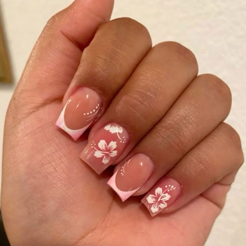 Cross-Border Nail Art Nail Tips Wearable Pink French Floral European and American Style Short Printed Nail Stickers